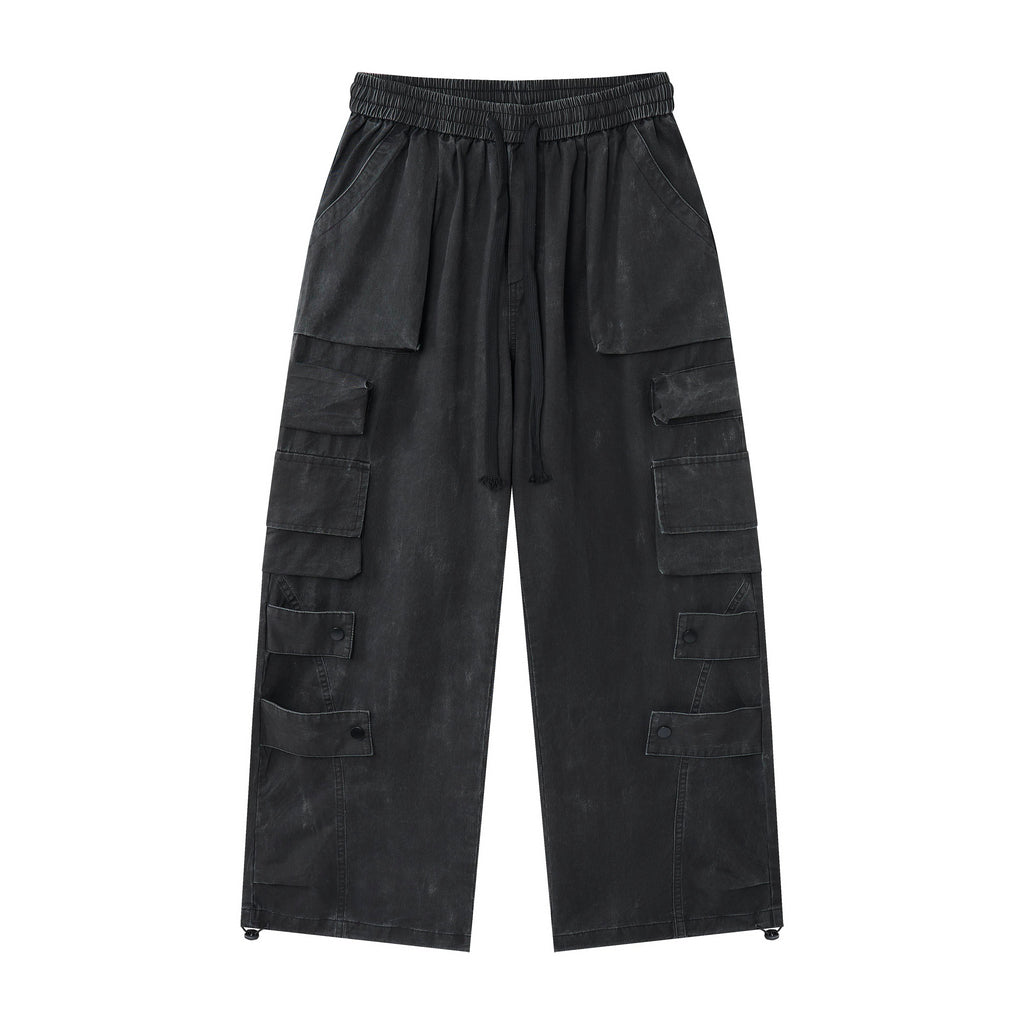 Noir Motion Women’s Washed Black Cargo Pants – Baggy Wide-Leg Utility Streetwear Pants with Multi-Pocket Detail