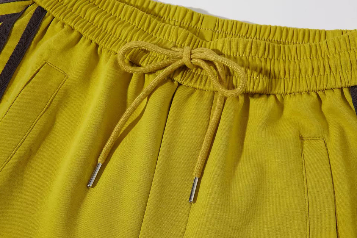 Women’s Retro Chartreuse Triple-Stripe Baggy Wide-Leg Track Pants with Elastic Drawstring Waist and Pockets