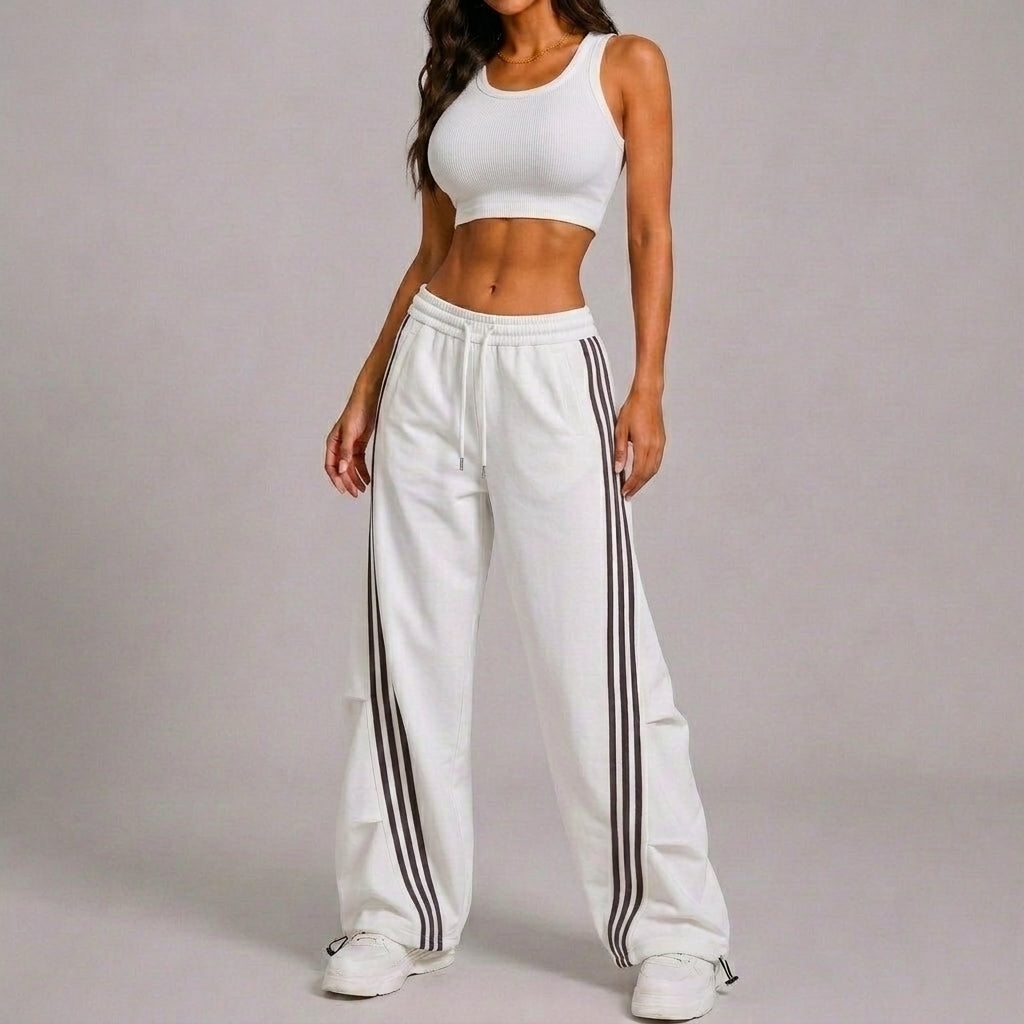 Women’s Black Curve-Stripe Parachute Pants – Oversized White Wide-Leg Streetwear Pants