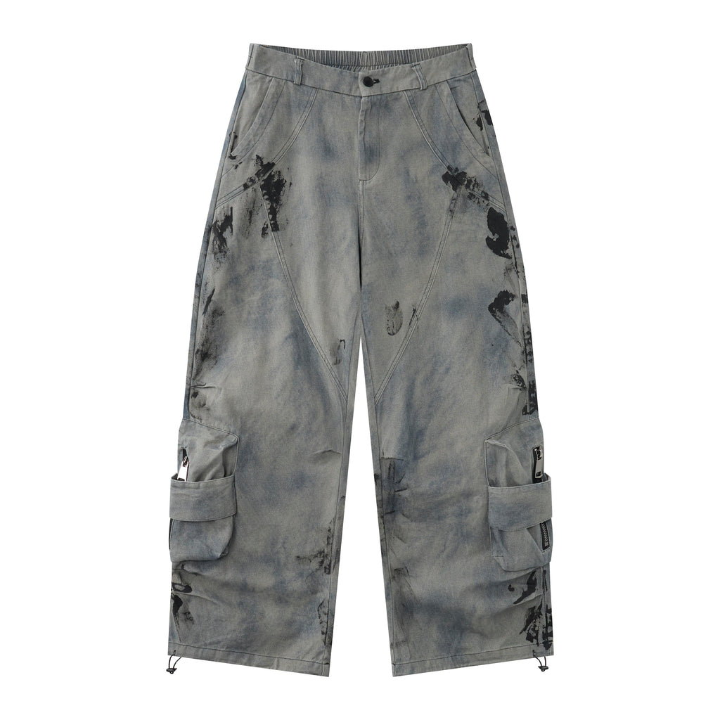 Women’s Concrete Canvas Graffiti Cargo Jeans – Washed Gray Baggy Wide-Leg Utility Denim Pants