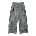 Women’s Concrete Canvas Graffiti Cargo Jeans – Washed Gray Baggy Wide-Leg Utility Denim Pants