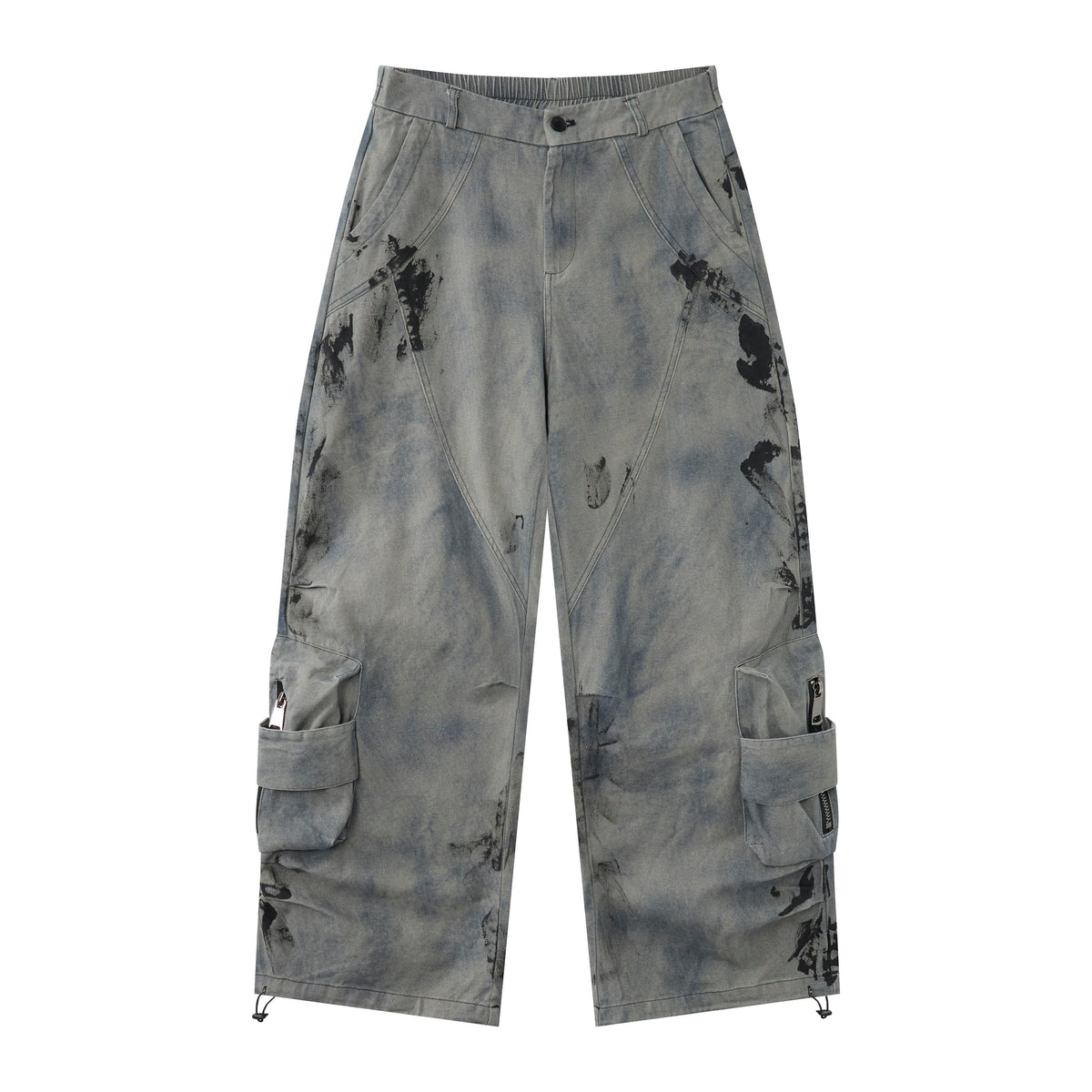 Women’s Concrete Canvas Graffiti Cargo Jeans – Washed Gray Baggy Wide-Leg Utility Denim Pants
