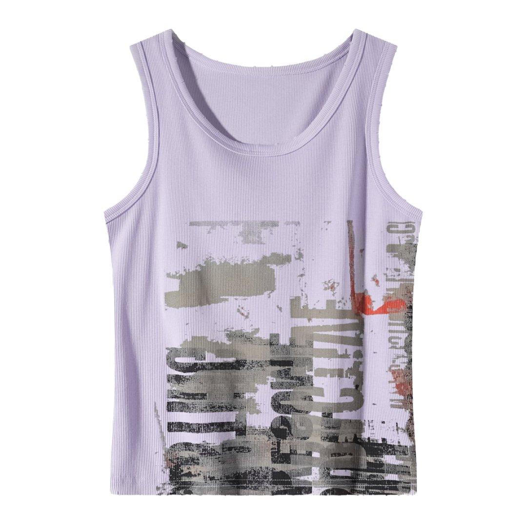 Women’s Vintage Graphic Ribbed Tank Top – Mocha Brown Y2K Streetwear Top