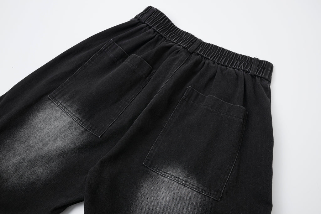 Shadow Ops Distressed Black Cargo Jeans – Relaxed Wide-Leg Utility Denim Pants with Multi-Pocket Detail
