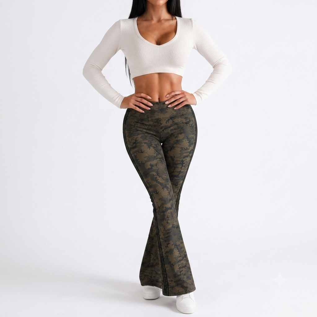 Camo Motion Women’s High-Waisted Yoga Pants – Bootcut Flare Workout Leggings with Sporty Side Stripes