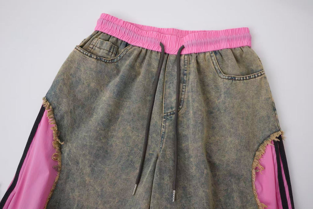 Women’s Pink Contrast Deconstructed Ultra-Baggy Wide-Leg Denim Jeans