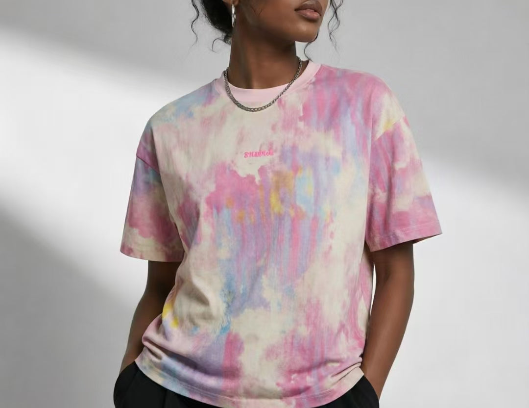 Women’s Pastel Watercolor Graphic Oversized T-Shirt – Pink & Blue Y2K Streetwear Tee