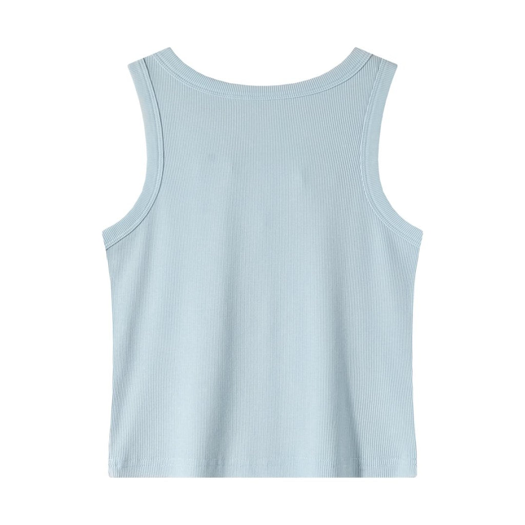 Women’s Blue Ribbed Fitted Tank Top – Sleeveless Scoop Neck Cropped Summer Basic Top