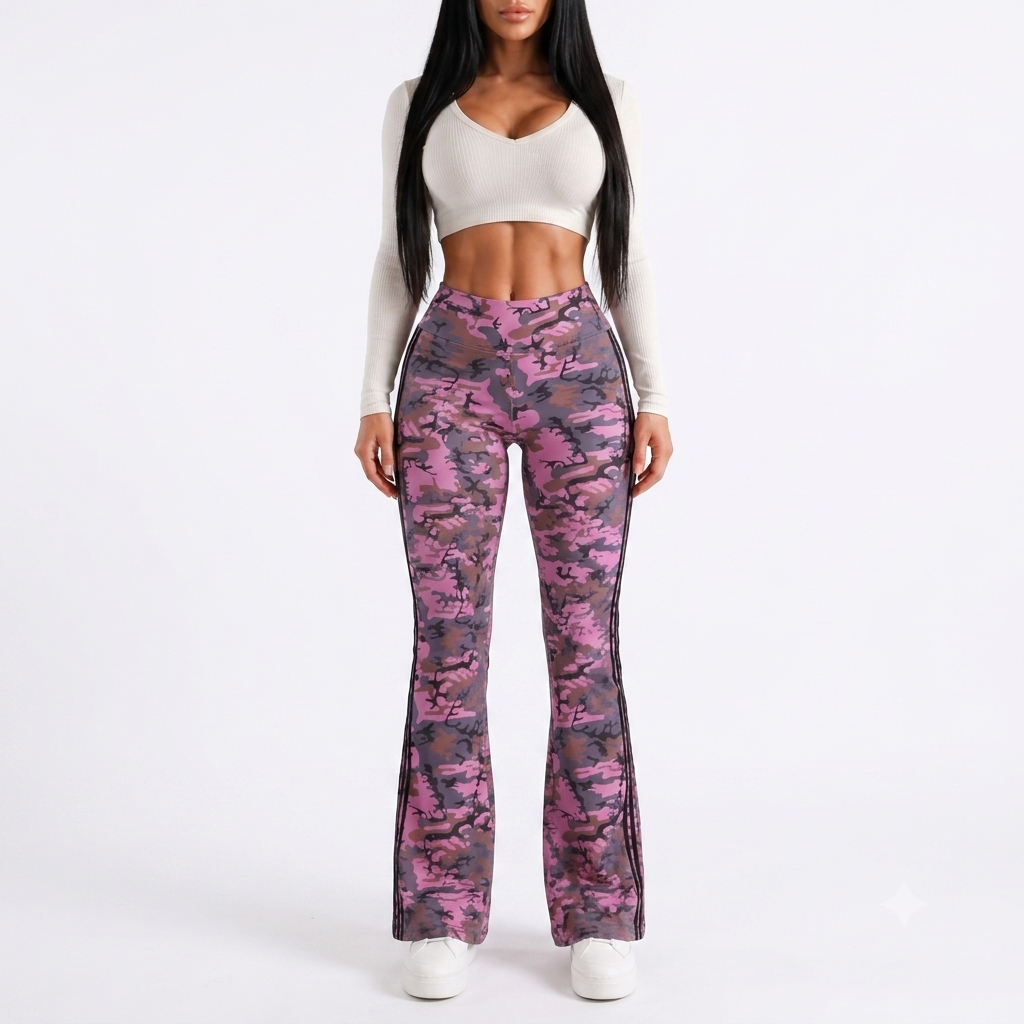 Camo Motion Women’s High-Waisted Yoga Pants – Bootcut Flare Workout Leggings with Sporty Side Stripes