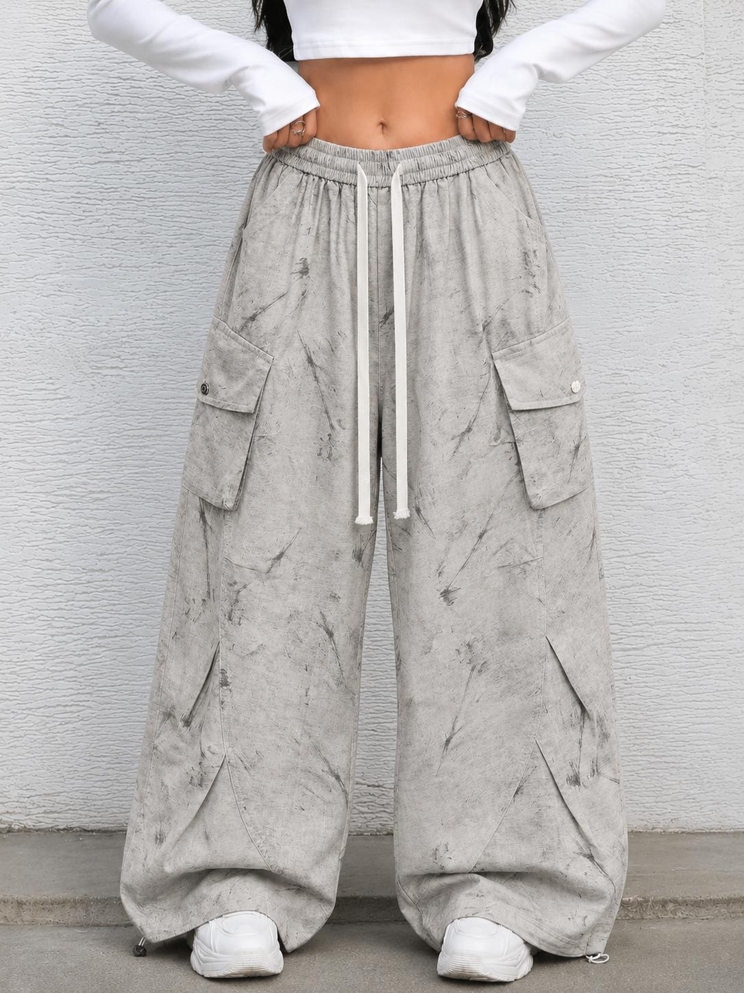 Desert Smoke Washed Cargo Pants – Women’s Gray Baggy Wide-Leg Utility Pants with Drawstring Waist