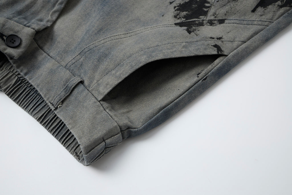 Women’s Concrete Canvas Graffiti Cargo Jeans – Washed Gray Baggy Wide-Leg Utility Denim Pants