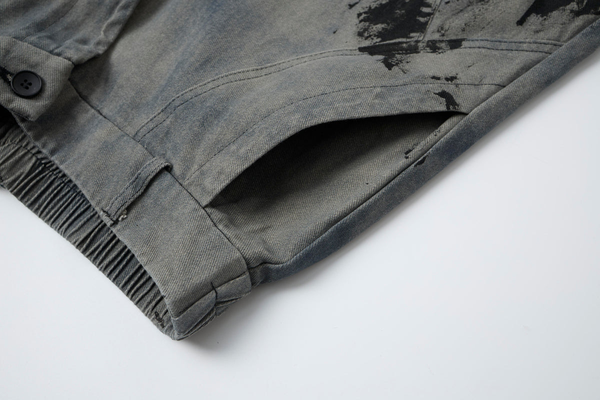 Women’s Concrete Canvas Graffiti Cargo Jeans – Washed Gray Baggy Wide-Leg Utility Denim Pants