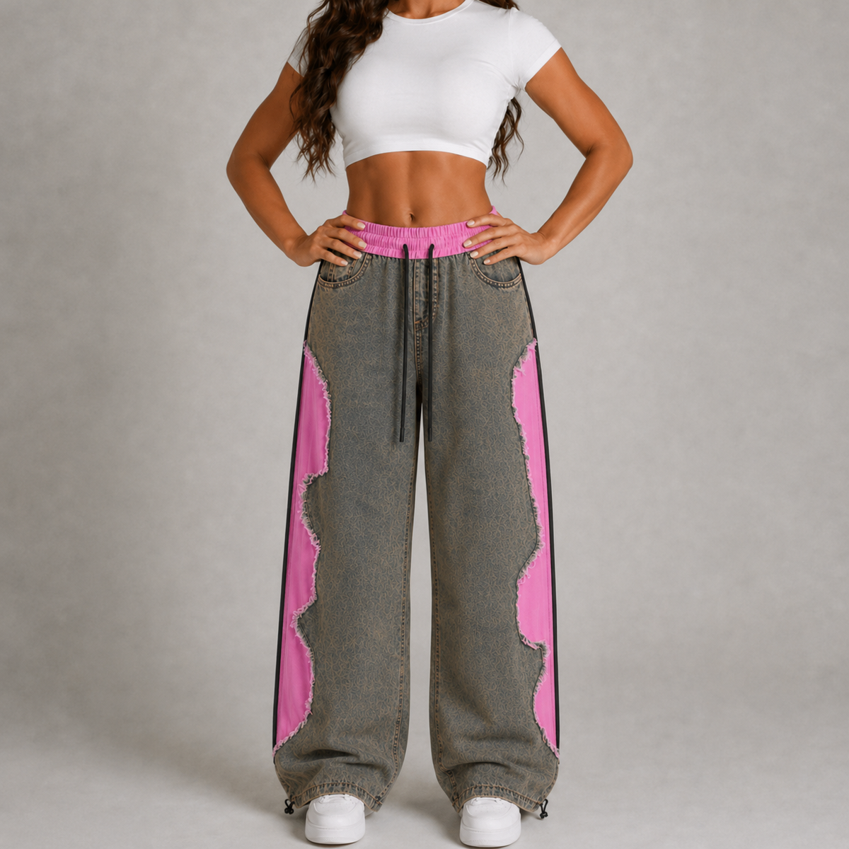 Women’s Pink Contrast Deconstructed Ultra-Baggy Wide-Leg Denim Jeans