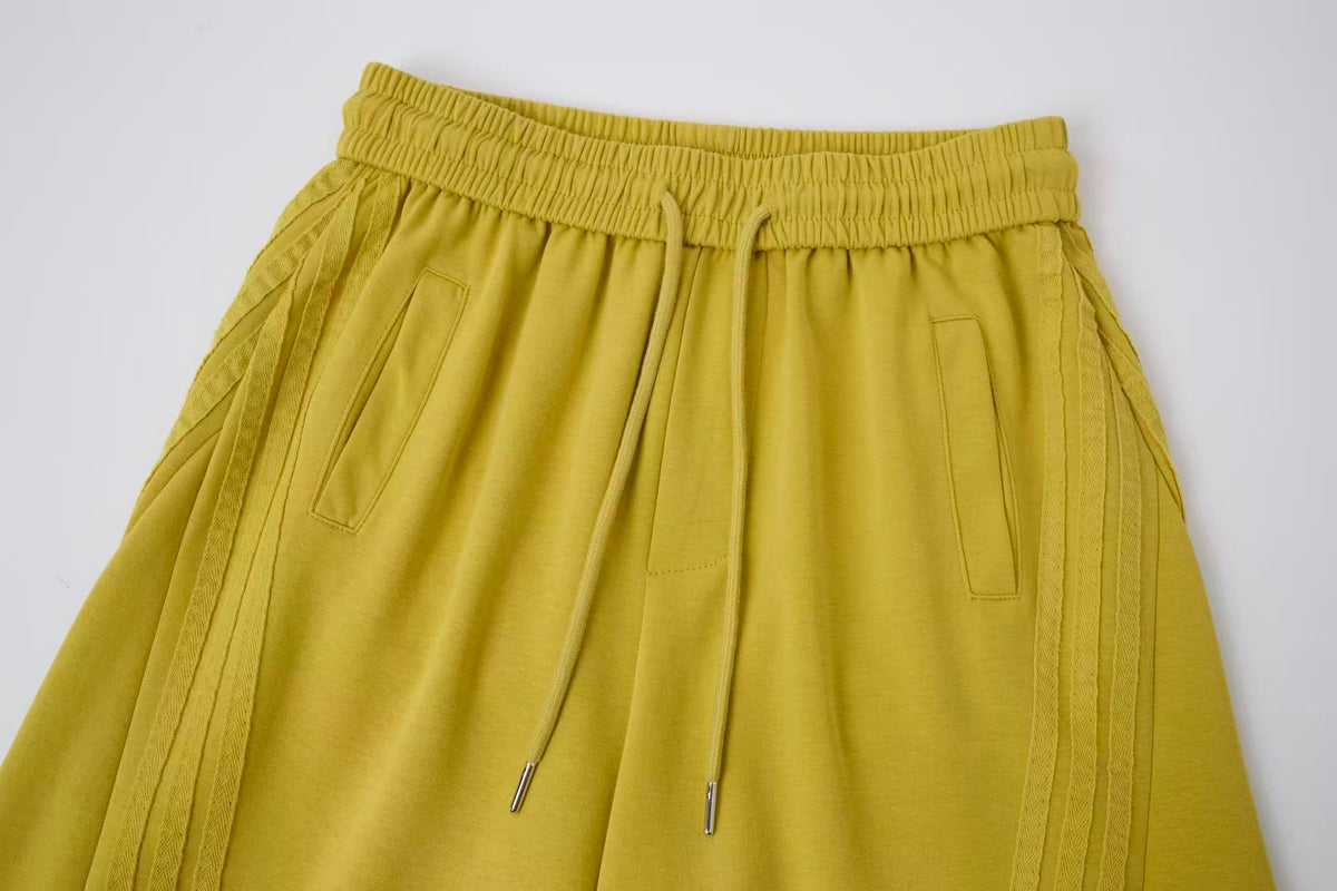 2026 New Arrival Mustard Yellow American‑Style Side‑Striped Casual Pants for Women, Trendy Spliced Draping Wide‑Leg Sweatpants