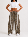 Untamed Club Women’s Leopard Print Track Pants – Baggy Barrel-Leg Streetwear Pants with Triple Side Stripes