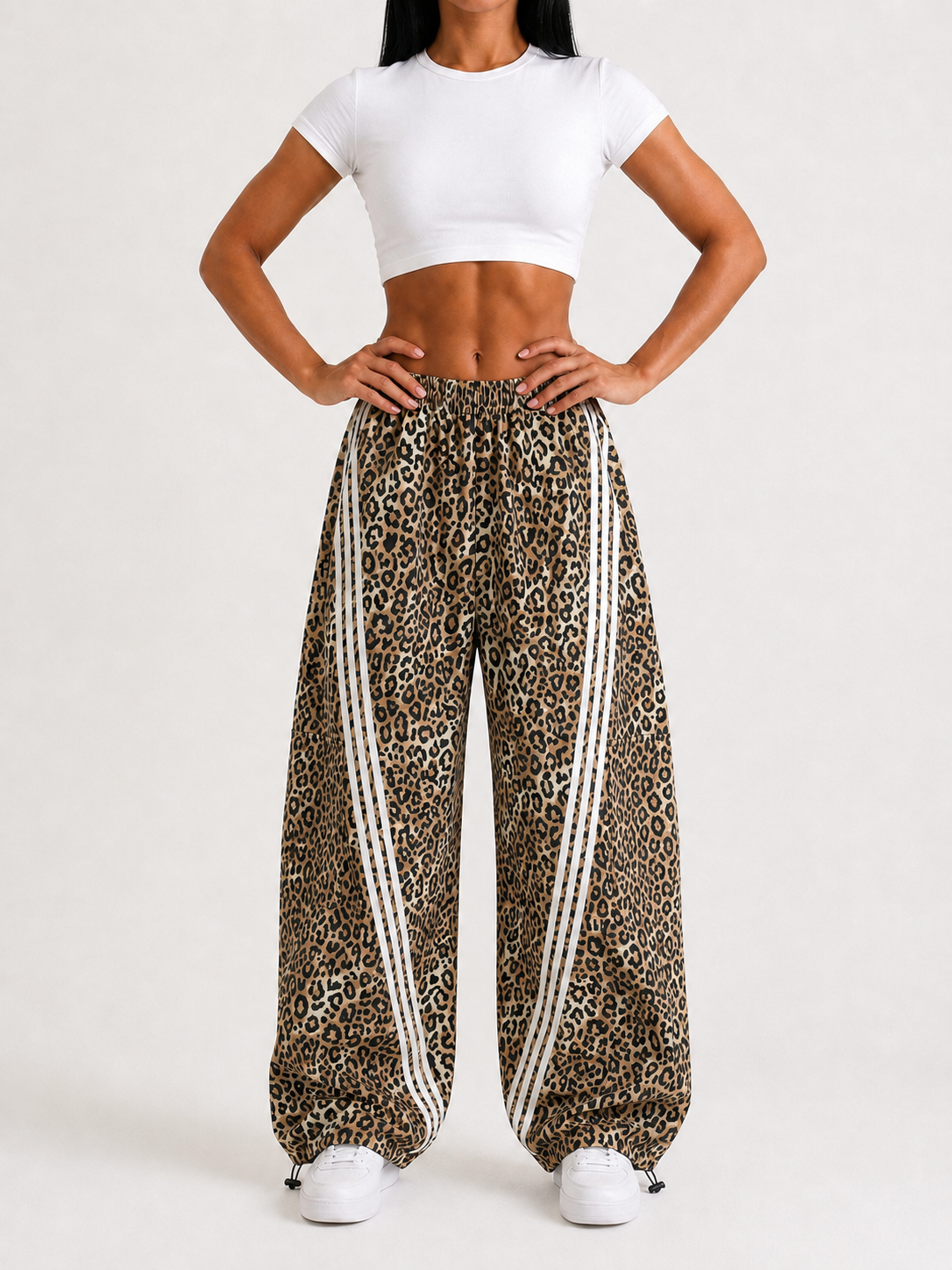 Untamed Club Women’s Leopard Print Track Pants – Baggy Barrel-Leg Streetwear Pants with Triple Side Stripes