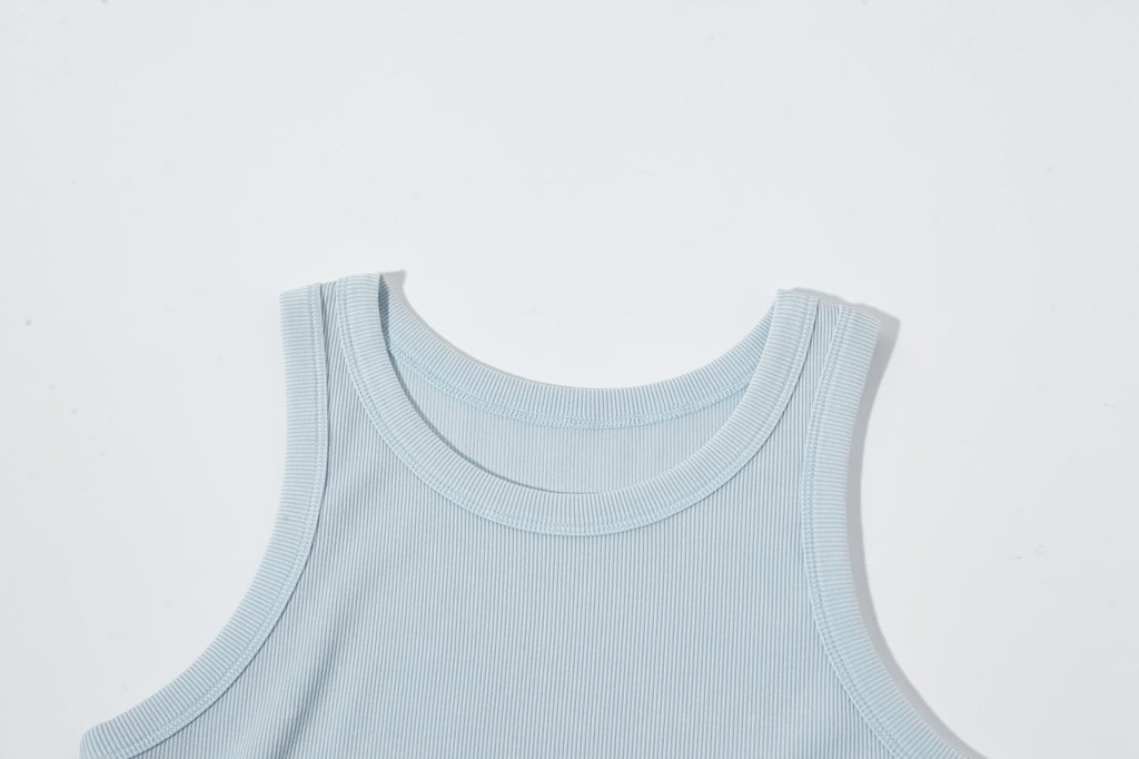 Women’s Blue Ribbed Fitted Tank Top – Sleeveless Scoop Neck Cropped Summer Basic Top