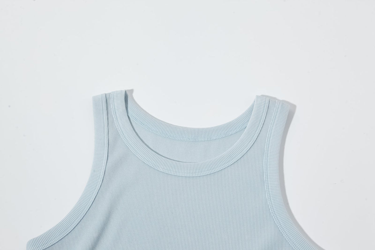 Women’s Blue Ribbed Fitted Tank Top – Sleeveless Scoop Neck Cropped Summer Basic Top