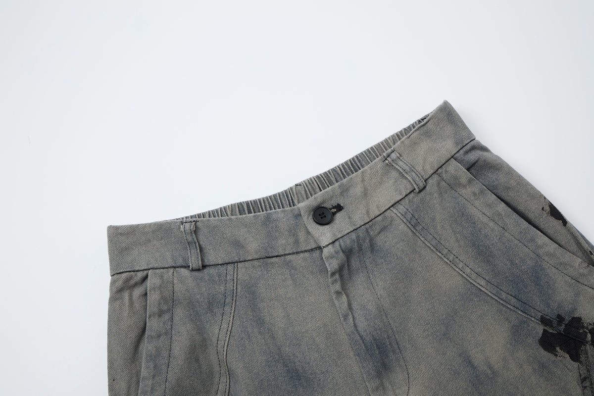 Women’s Concrete Canvas Graffiti Cargo Jeans – Washed Gray Baggy Wide-Leg Utility Denim Pants