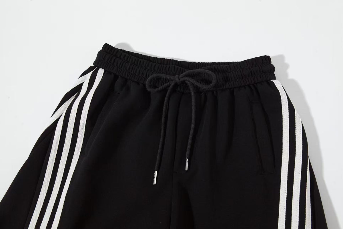 Women’s Retro Black & White Striped Baggy Track Pants with Cinch Hems
