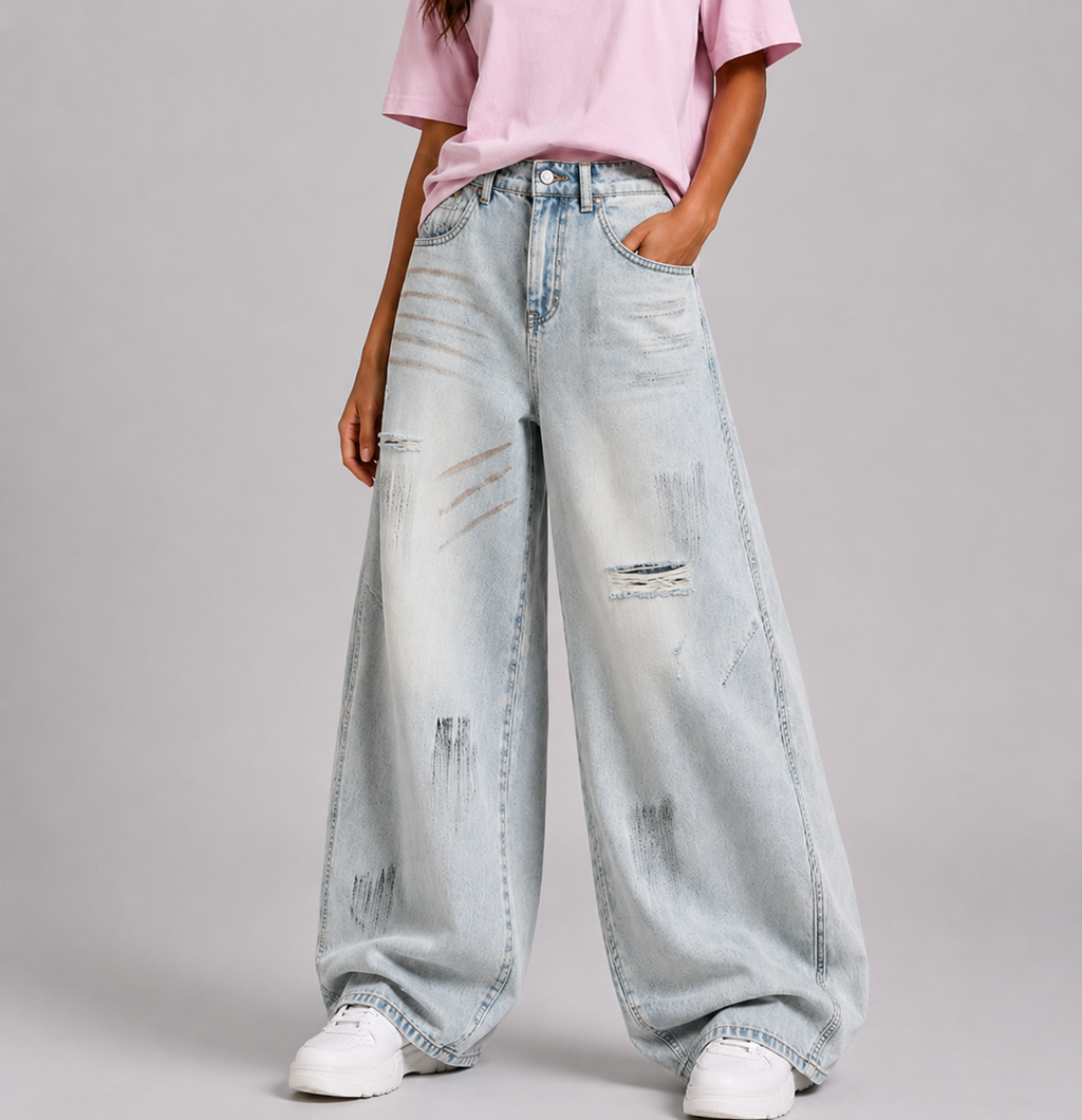 Vintage Washed Distressed Jeans – Light Blue Wide-Leg Denim
