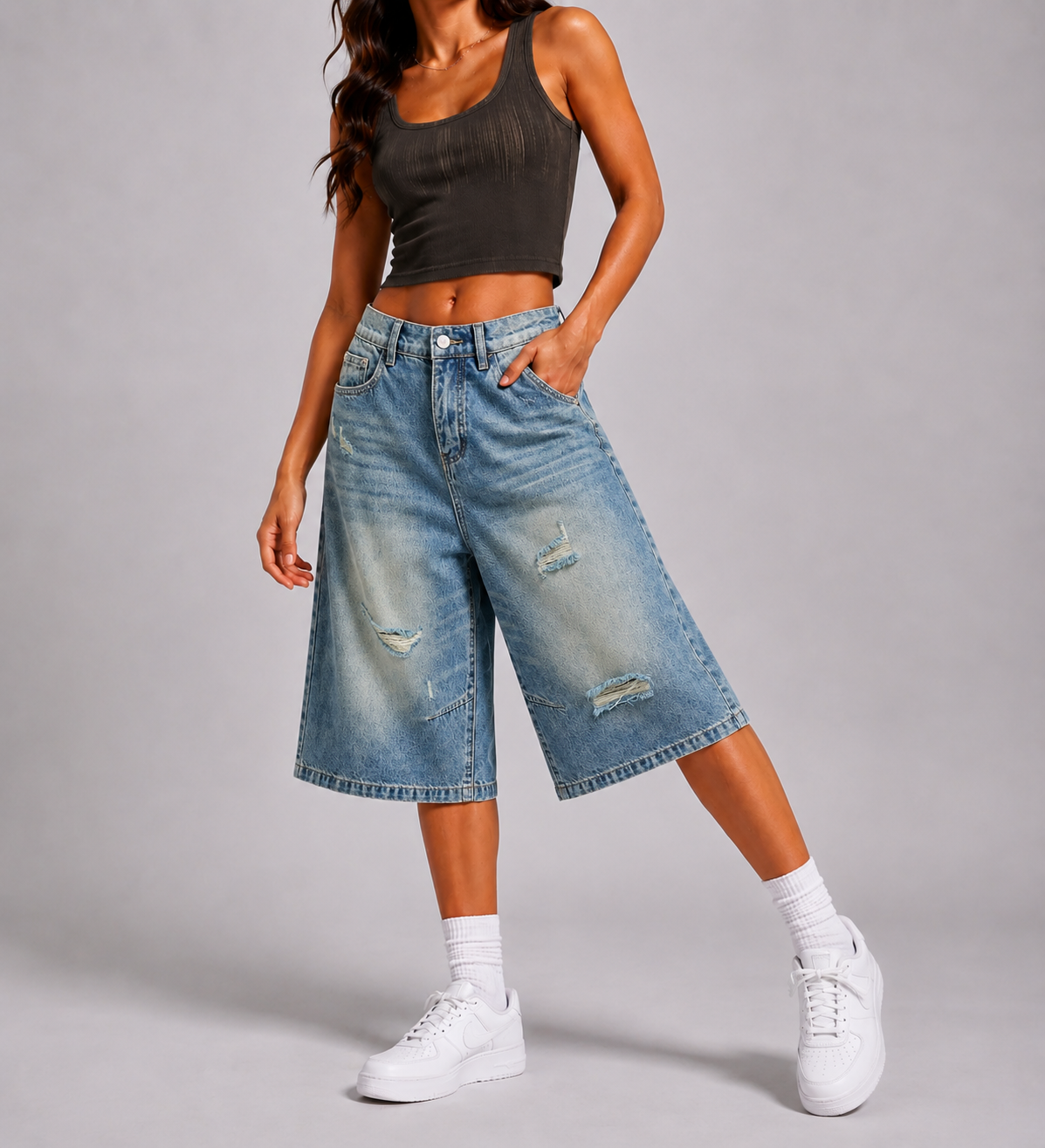 Vintage Wash Denim Shorts – Distressed Wide-Leg Jorts