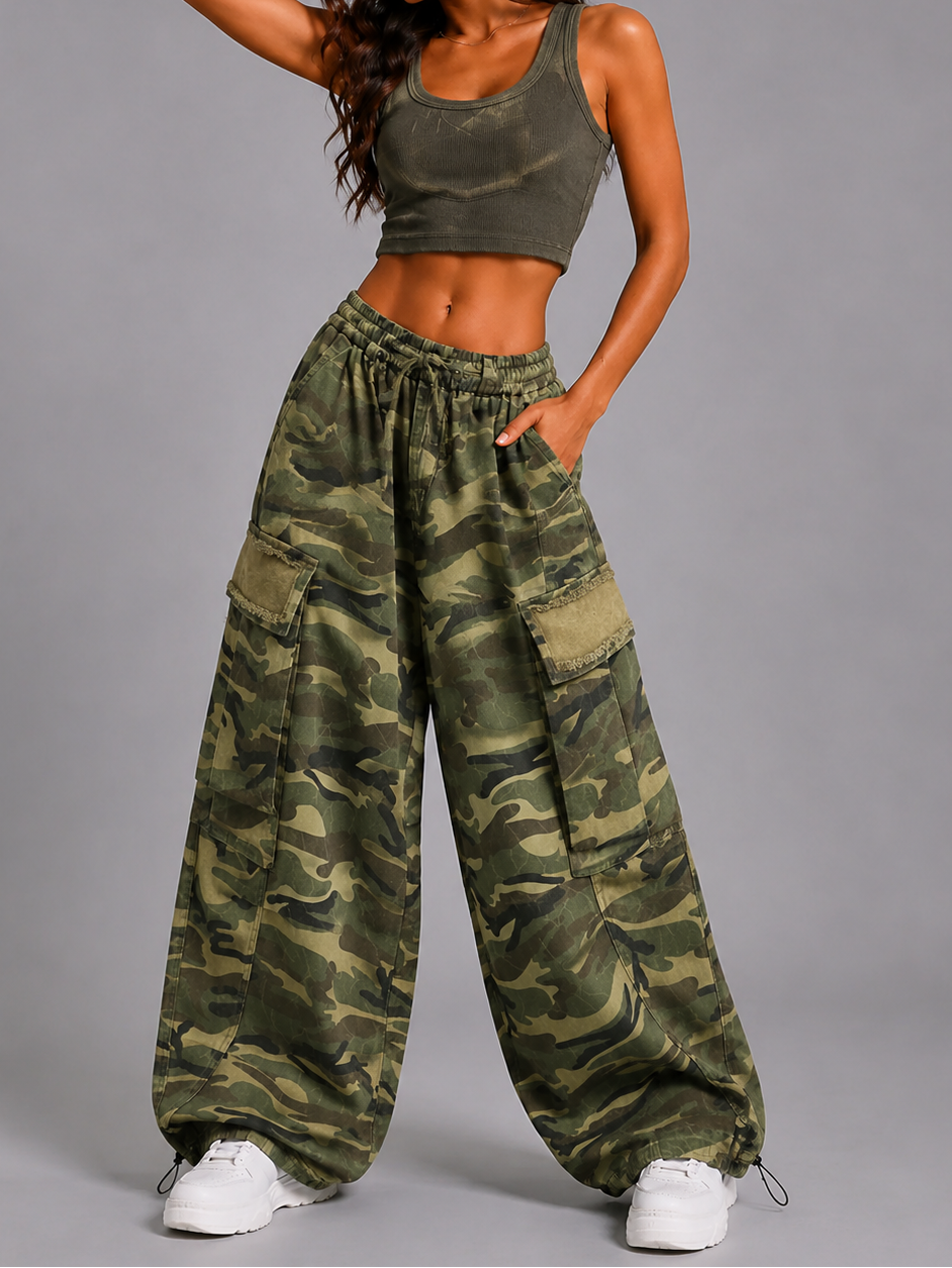 Raw Camo Cargo Pants – Distressed Wide-Leg Utility Trousers