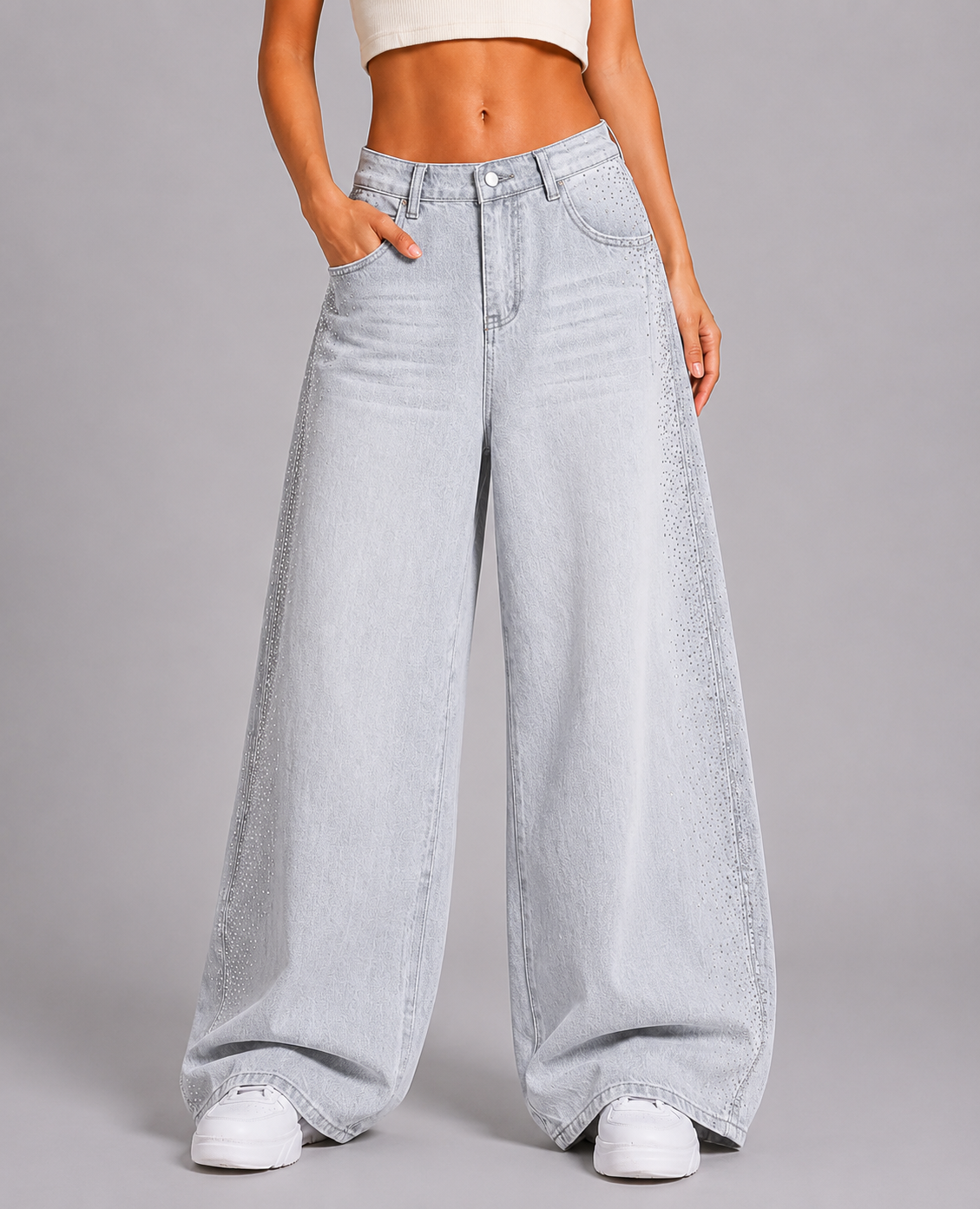 Crystal Fade Denim Jeans – Light Grey Wide-Leg Jeans