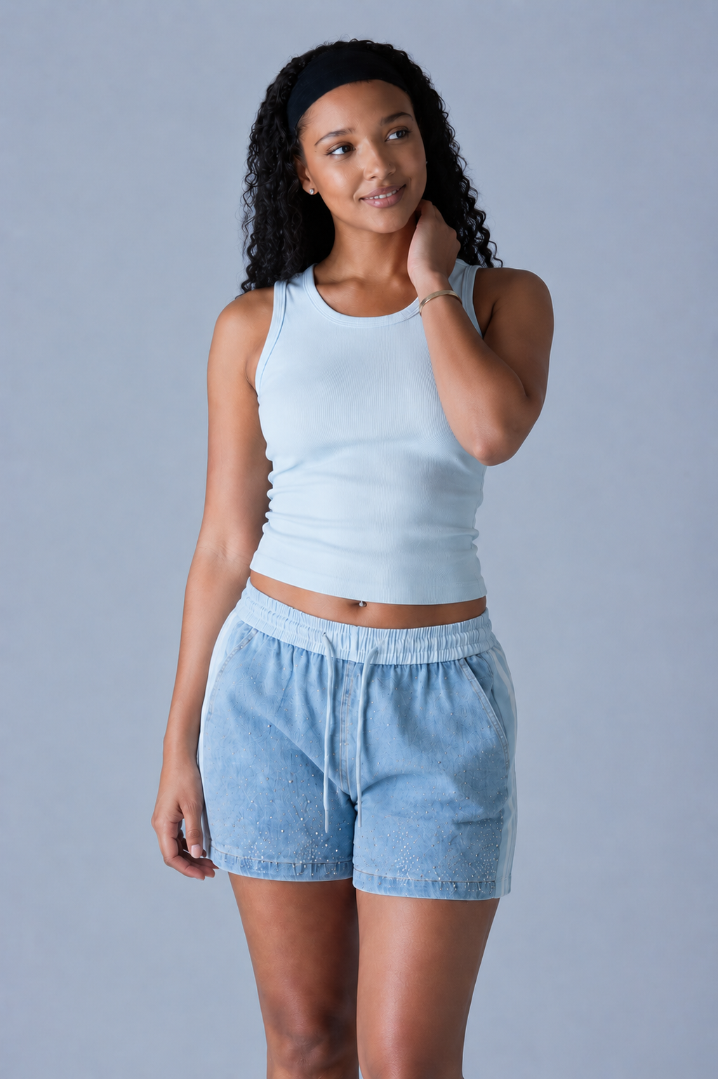 Women’s Blue Ribbed Fitted Tank Top – Sleeveless Scoop Neck Cropped Summer Basic Top