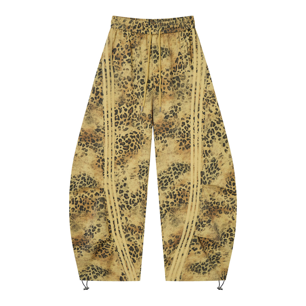 Wild Tempo Women’s Leopard Print Track Pants – Vintage-Wash Baggy Barrel-Leg Streetwear Pants with Side Stripes