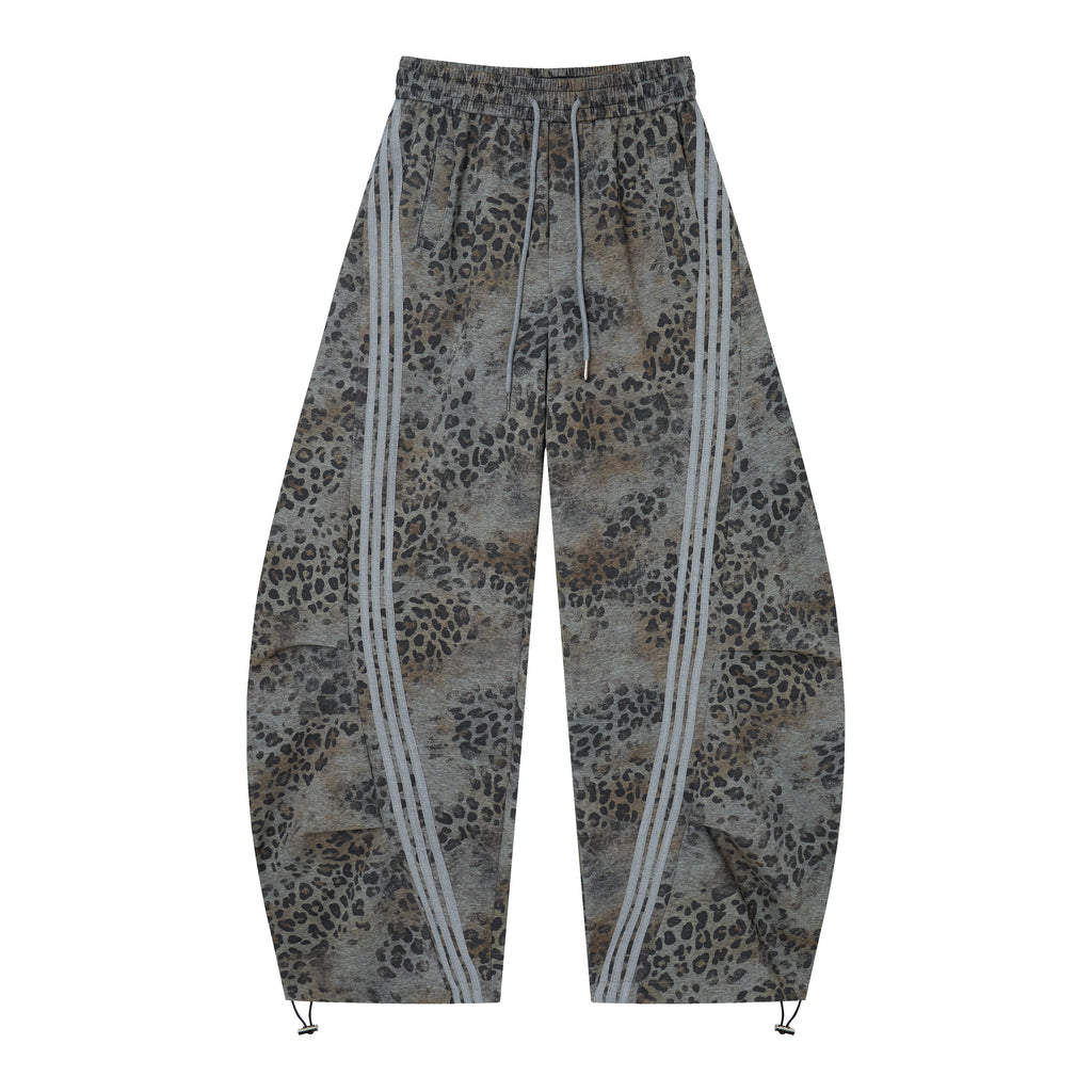 Wild Tempo Women’s Leopard Print Track Pants – Vintage-Wash Baggy Barrel-Leg Streetwear Pants with Side Stripes