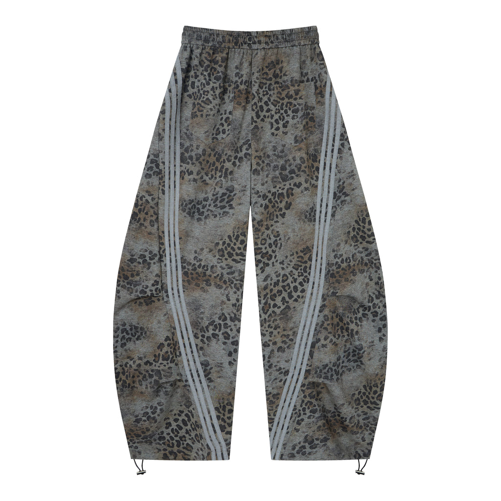 Wild Tempo Women’s Leopard Print Track Pants – Vintage-Wash Baggy Barrel-Leg Streetwear Pants with Side Stripes