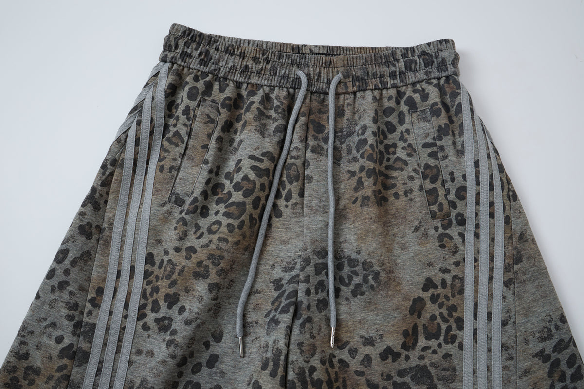 Wild Tempo Women’s Leopard Print Track Pants – Vintage-Wash Baggy Barrel-Leg Streetwear Pants with Side Stripes
