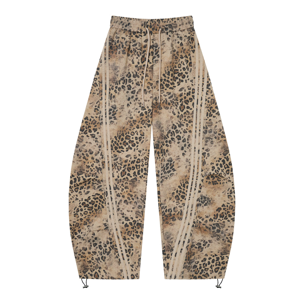 Wild Tempo Women’s Leopard Print Track Pants – Vintage-Wash Baggy Barrel-Leg Streetwear Pants with Side Stripes