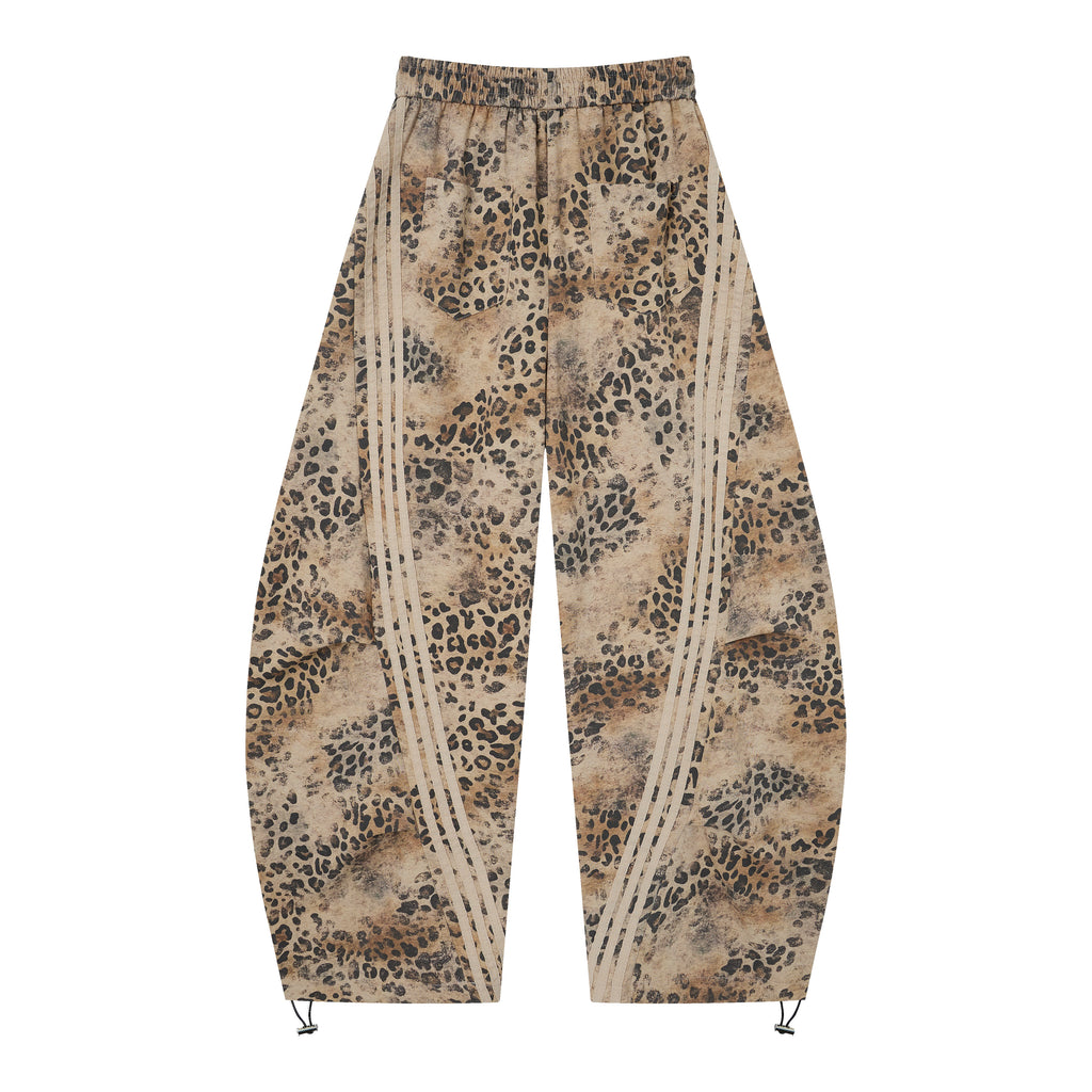 Wild Tempo Women’s Leopard Print Track Pants – Vintage-Wash Baggy Barrel-Leg Streetwear Pants with Side Stripes