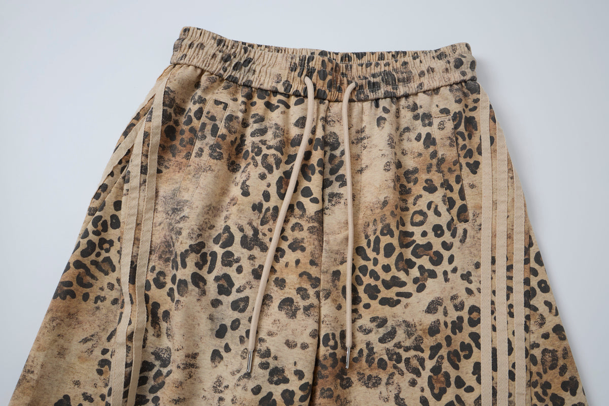 Wild Tempo Women’s Leopard Print Track Pants – Vintage-Wash Baggy Barrel-Leg Streetwear Pants with Side Stripes
