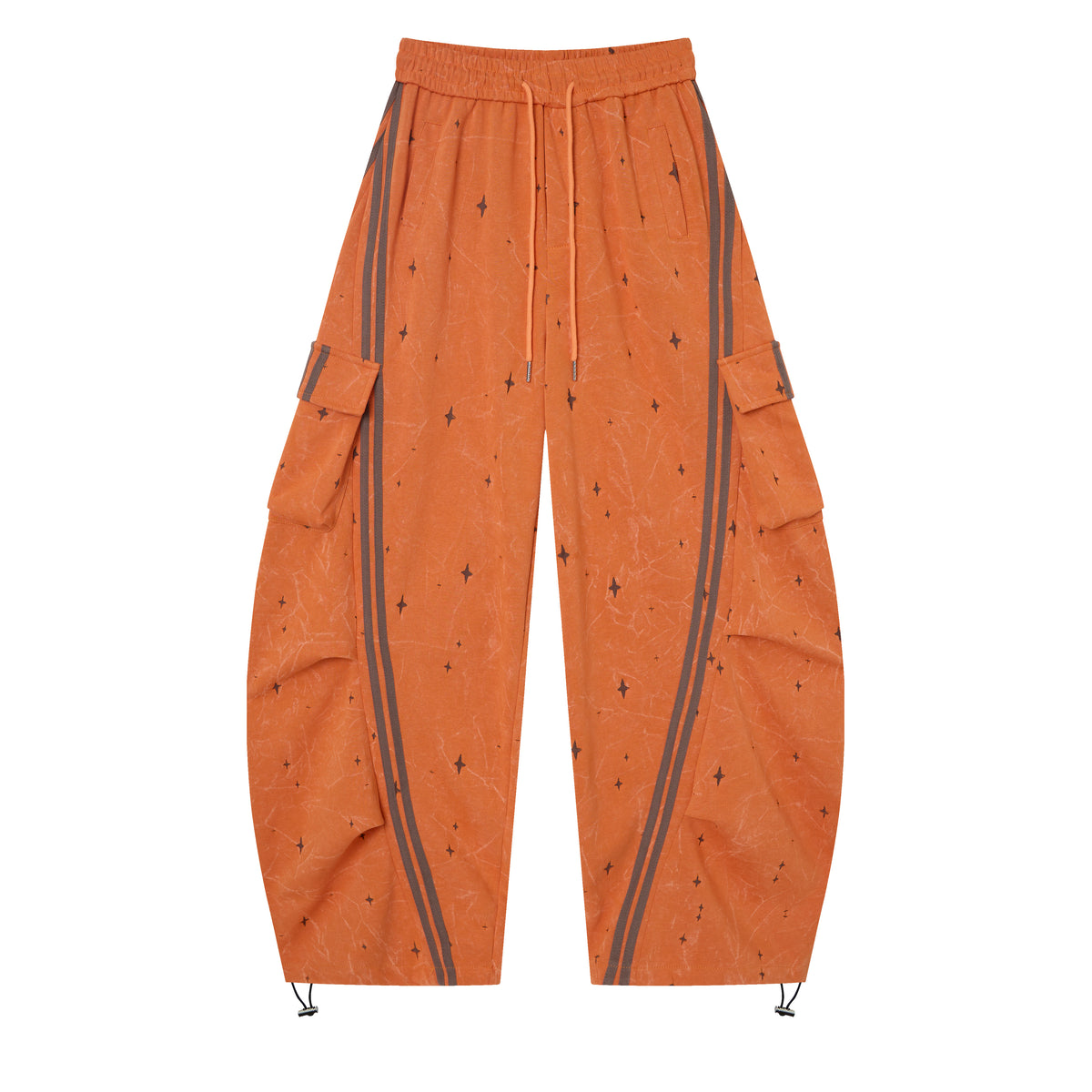 Women’s Solar Flare Star-Print Barrel Cargo Pants – Vintage-Wash Orange Baggy Streetwear Trousers