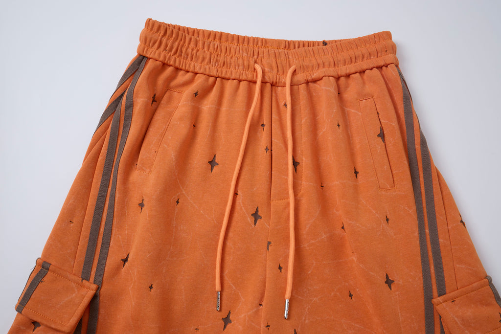 Women’s Solar Flare Star-Print Barrel Cargo Pants – Vintage-Wash Orange Baggy Streetwear Trousers