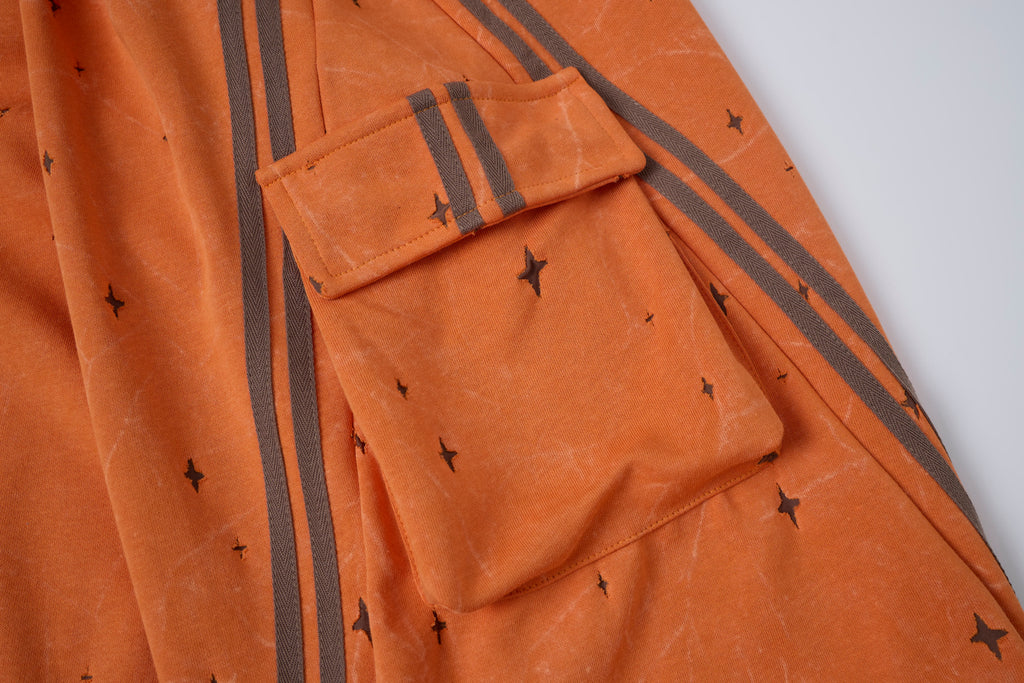 Women’s Solar Flare Star-Print Barrel Cargo Pants – Vintage-Wash Orange Baggy Streetwear Trousers