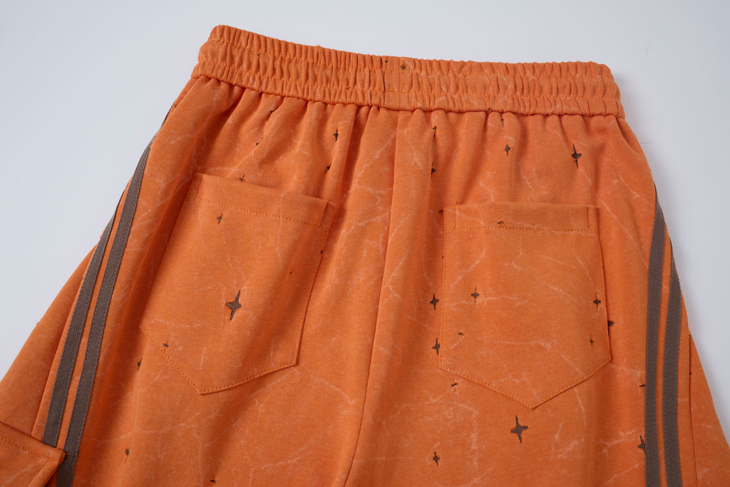 Women’s Solar Flare Star-Print Barrel Cargo Pants – Vintage-Wash Orange Baggy Streetwear Trousers
