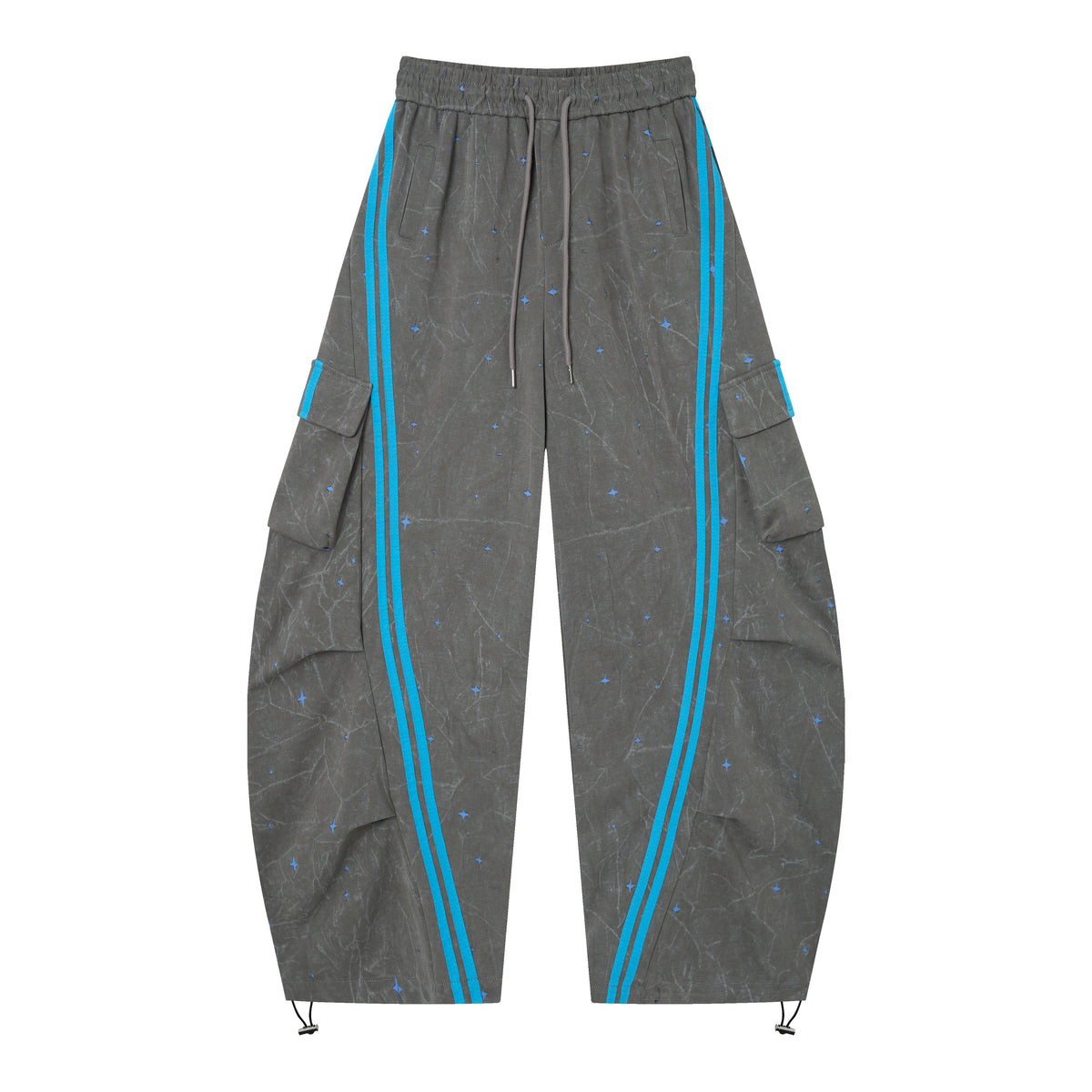 Women’s Cosmic Drift Star-Print Cargo Pants – Washed Gray Baggy Barrel Pants with Blue Racing Stripes