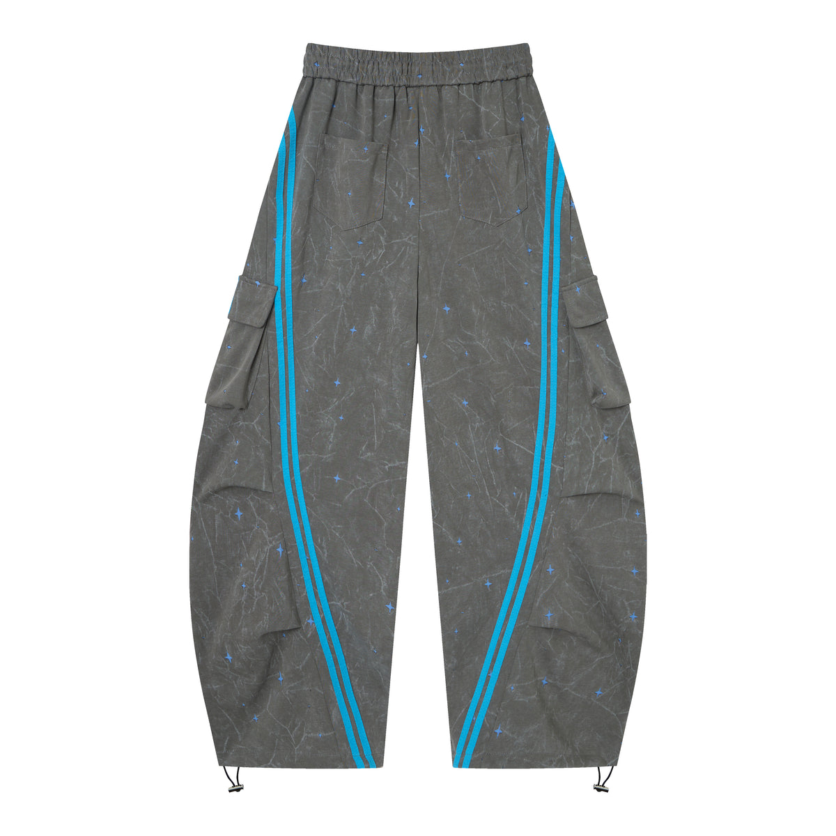 Women’s Cosmic Drift Star-Print Cargo Pants – Washed Gray Baggy Barrel Pants with Blue Racing Stripes