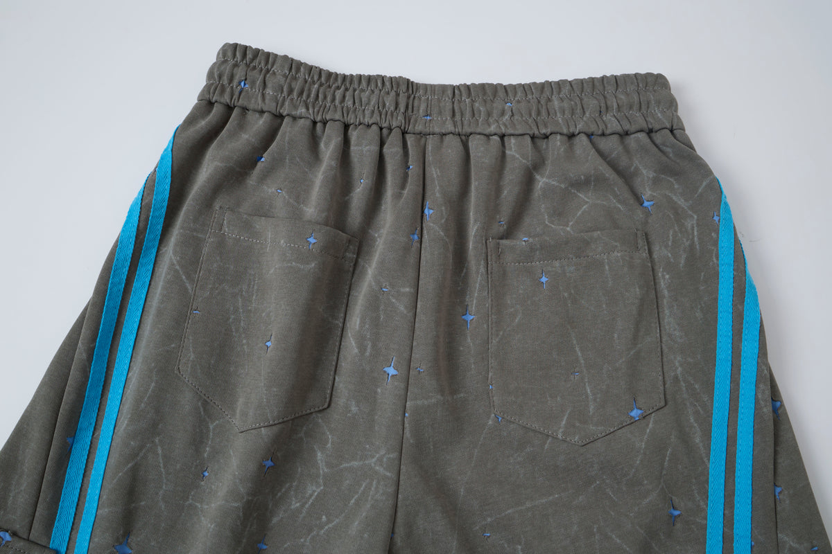 Women’s Cosmic Drift Star-Print Cargo Pants – Washed Gray Baggy Barrel Pants with Blue Racing Stripes