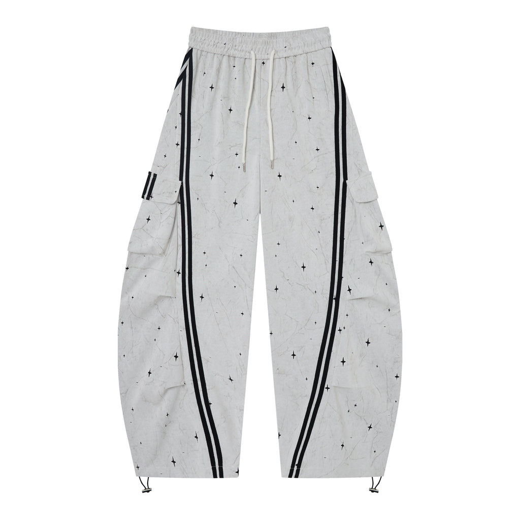 Women’s Afterglow Star-Print Cargo Pants – White Washed Baggy Barrel Pants with Black Racing Stripes