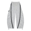 Women’s Afterglow Star-Print Cargo Pants – White Washed Baggy Barrel Pants with Black Racing Stripes