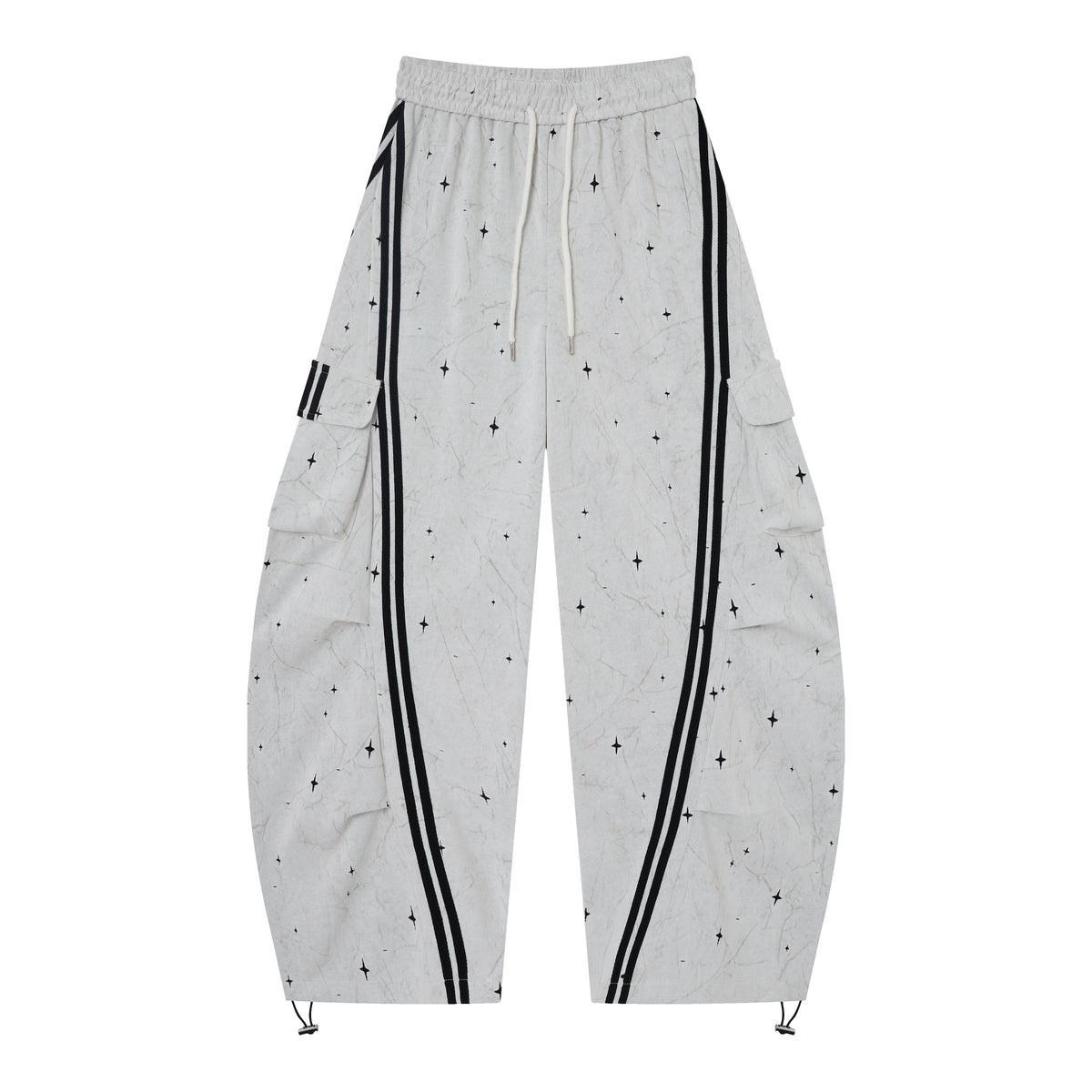 Women’s Afterglow Star-Print Cargo Pants – White Washed Baggy Barrel Pants with Black Racing Stripes