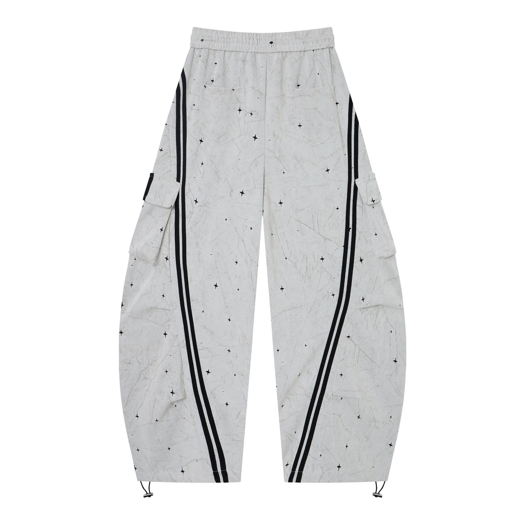 Women’s Afterglow Star-Print Cargo Pants – White Washed Baggy Barrel Pants with Black Racing Stripes