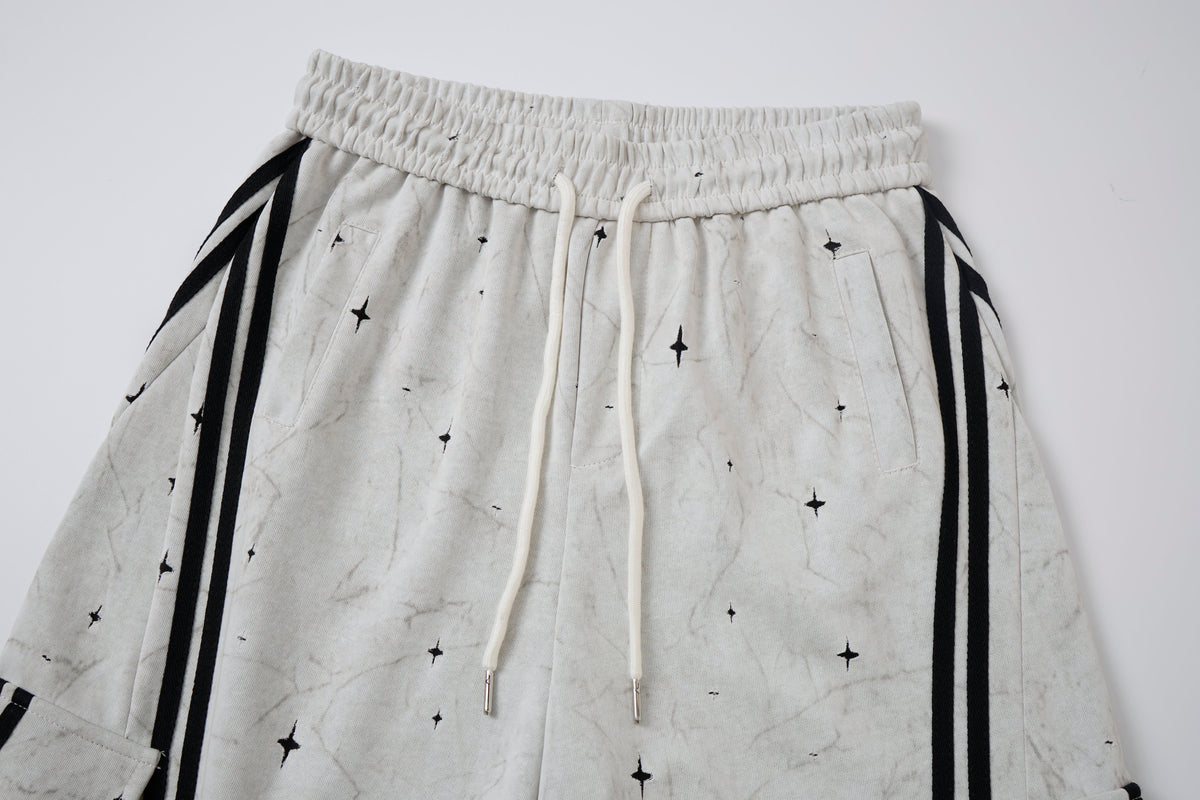 Women’s Afterglow Star-Print Cargo Pants – White Washed Baggy Barrel Pants with Black Racing Stripes
