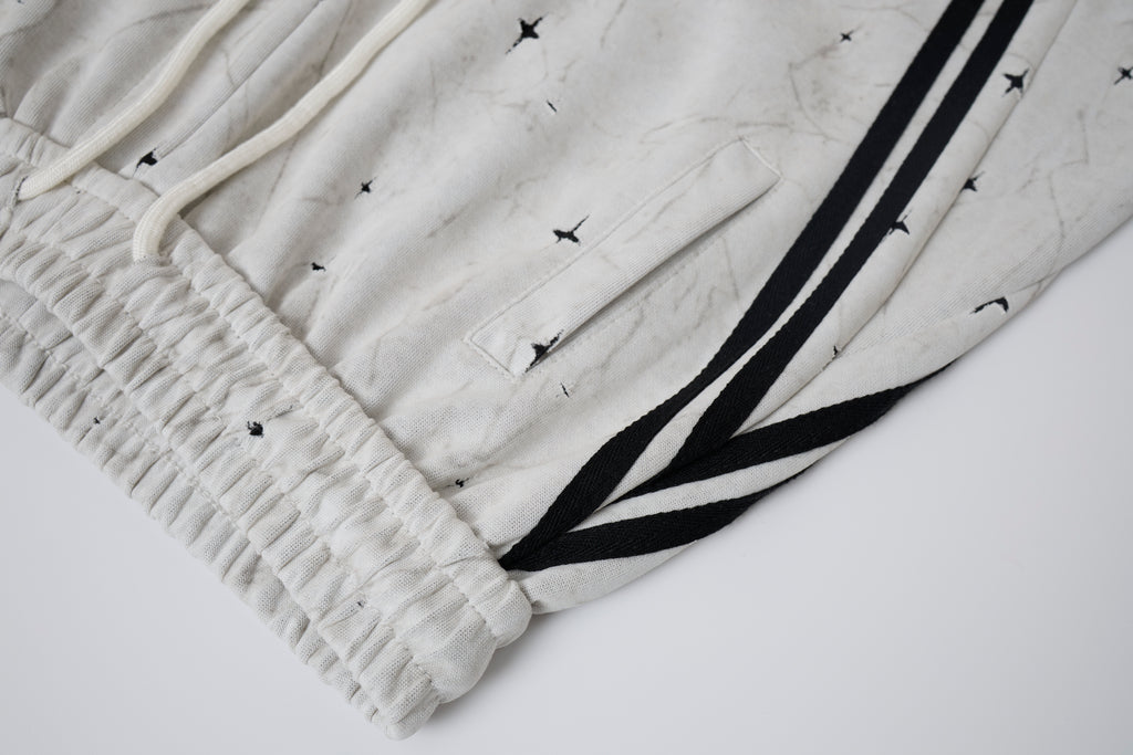 Women’s Afterglow Star-Print Cargo Pants – White Washed Baggy Barrel Pants with Black Racing Stripes