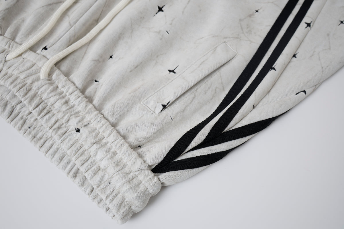 Women’s Afterglow Star-Print Cargo Pants – White Washed Baggy Barrel Pants with Black Racing Stripes